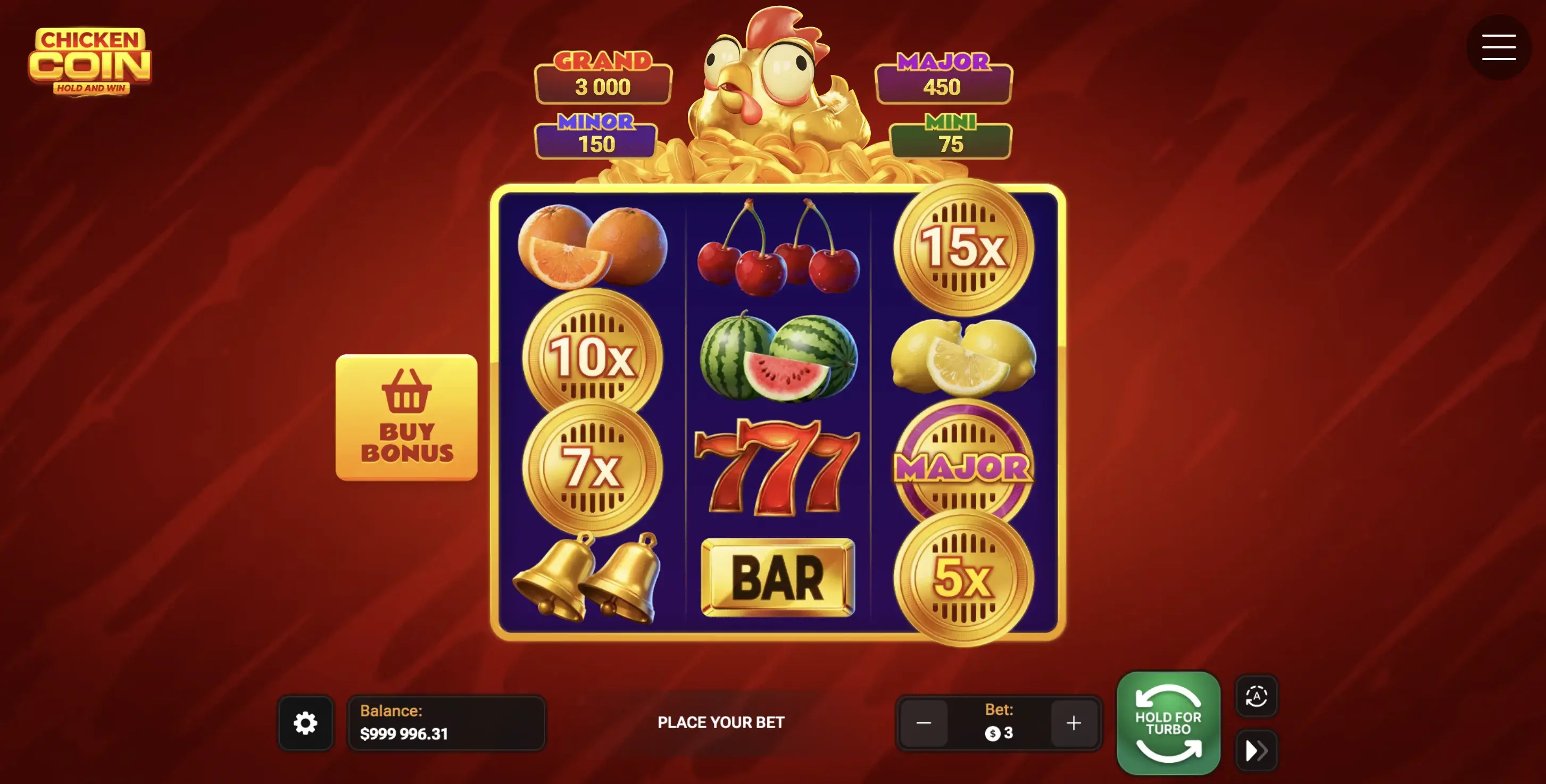 Chicken Coin Slot Gameplay — 3x3 Spielfeld mit Früchten, 777, BAR und goldenen Münz-Multiplikatoren